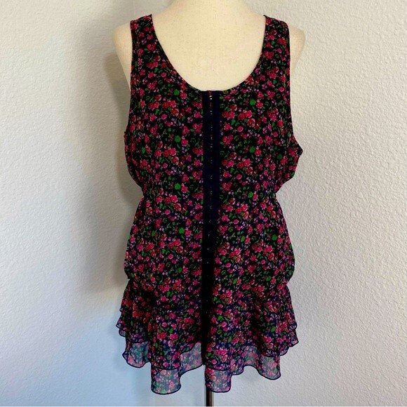 NWOT  Decree Floral Blue Ruffle Tier Sleeveless Silver Clasp Accent Prairie SZ L - Picture 1 of 12